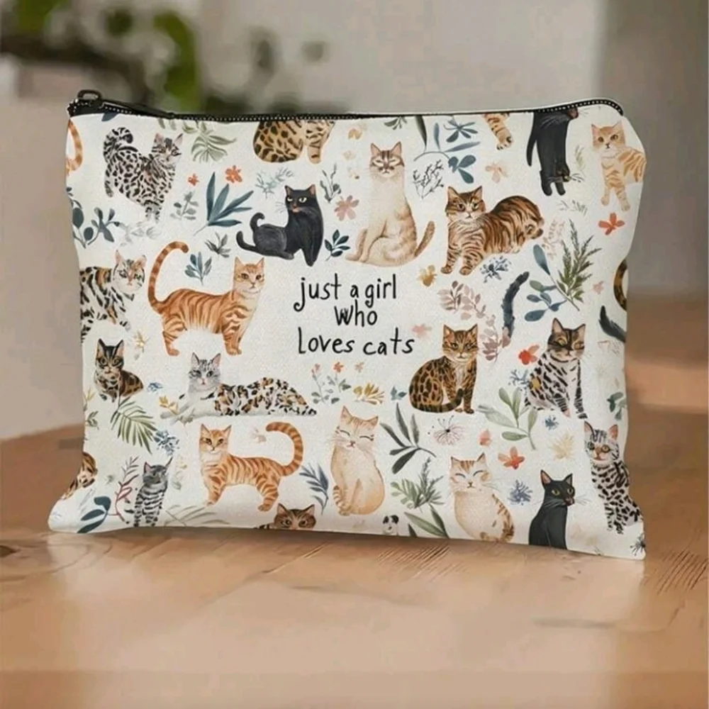 Just A Girl Who Loves Cats Canvas Zipper Pouch Cat Print Cat Lover Purse